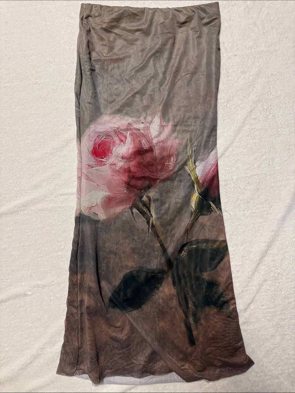 Brown Midi Skirt with Pink Rose Detail